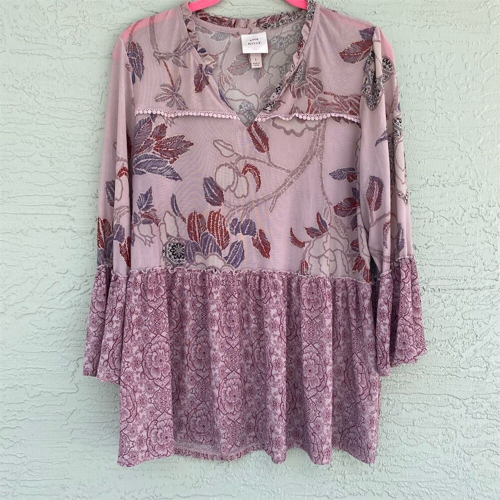 Knox Rose Women's Floral Lace V-Neck Blouse Size L